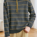 Casual Color‑Block Striped Drawstring Half‑Placket Knit Sweater