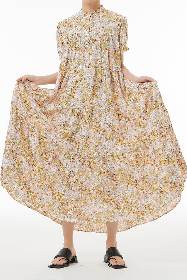 バンドカラー花柄ロングティアードワンピース　3色入 - liwisi