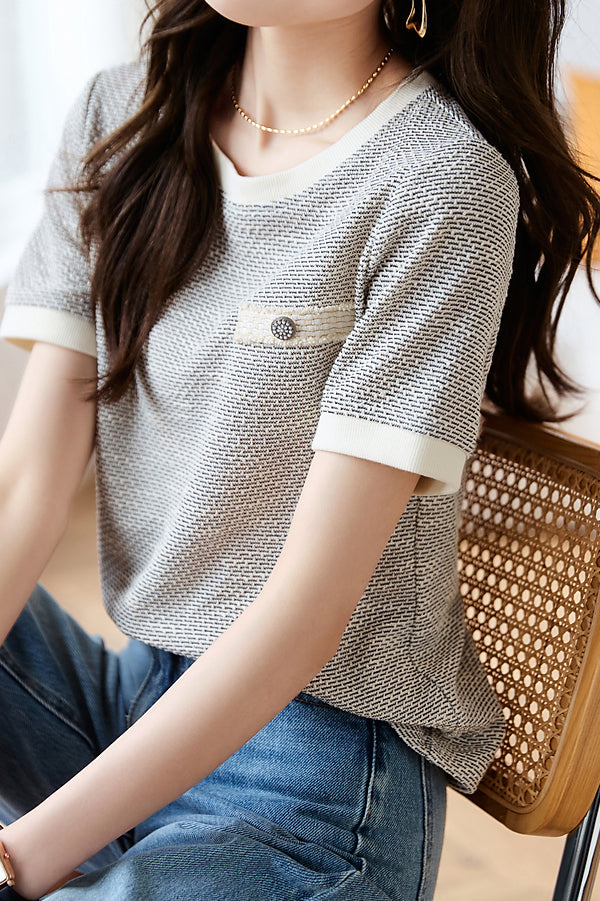 ポケット装飾ワッフル切替Tシャツ - liwisi