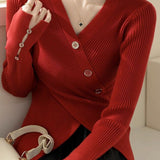 Elegant Asymmetrical V-Neck Long-Sleeve Knit Top