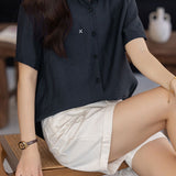 Casual Commuter Single Pocket Embroidered Color Contrast Lapel Blouse