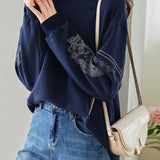 Mixed Material Pullover with Logo Embroidered Decor Sweatshirt