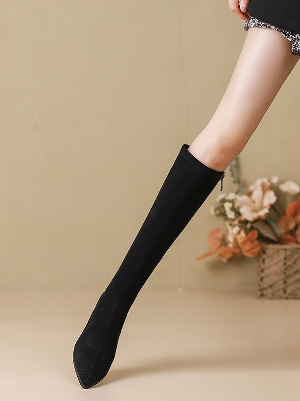 Suede pointed-toe chunky heel over-the-knee boots. - liwisi