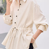 Elegant Casual Lapel Striped Waist-Cinched Long Sleeve Blouse
