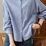 Casual Long Sleeve Shirt With Lapel And Vertical Stripes