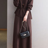 Elegant Round Neck Tie Long Sleeve Knit Top & Elastic Waist Midi Skirt Set