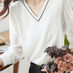 Vネックテープ装飾レース切替Tシャツ - liwisi