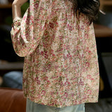 French Vacation Mini V‑Neck Puff Long‑Sleeve Floral Blouse