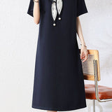 Elegant Short-Sleeve Dress With Scarf Splicing