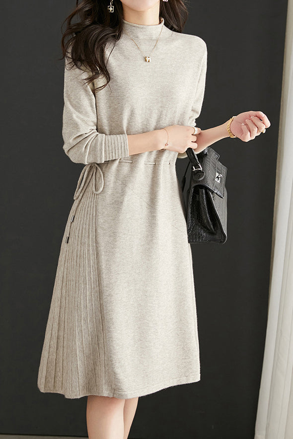 Off Neck Drawstring Flare Knit Dress - 3 Colors Available - liwisi