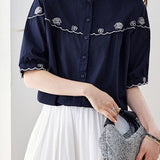 Elegant Commuter Crew Neck Button Front Embroidered Short Sleeve Blouse