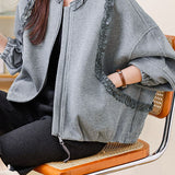 Exquisite Casual Crew‑Neck Zip‑Up Sweatshirt Jacket With Lace Splicing