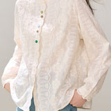Casual Vacation Colorful Button Floral Embroidered Ruffled Blouse