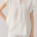French Romantic Lyocell Heavy Embossed 3D Floral Puff Sleeve V-Neck Blouse
