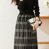 Drawstring Check Contrast Knit Dress - 2 Colors Available