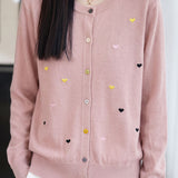 Exquisite Commuter Crew Neck Color Button Embroidered Long-Sleeve Knit Cardigan