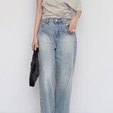 Diagonal Off-Shoulder Neck Side Tuck T-Shirt