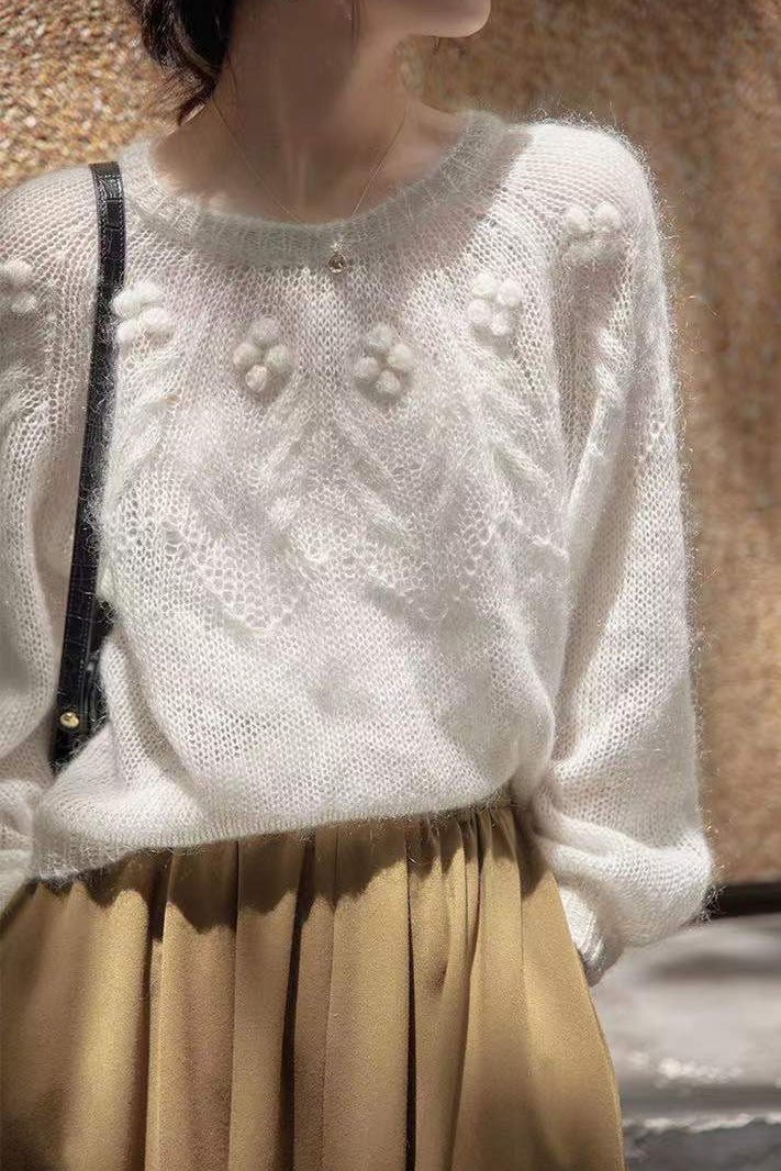 ラウンドネックアラン編み透かしニットトップス - liwisi