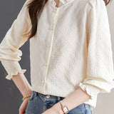 Exquisite Ruffled Stand-Collar Jacquard Blouse