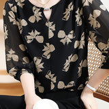 Lubang kunci leher bijou hiasan ribbon print puff blaus