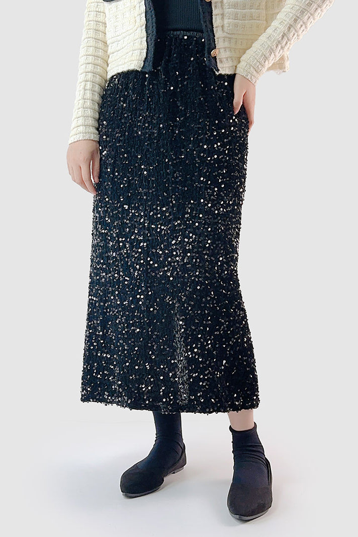 バックスリットグリッター装飾ベロアスカート　裏地付　3色入 - liwisi