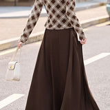 Elegant Plaid Color-Block Top & Midi Skirt Two-Piece Set