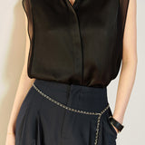 Mixed Material Side Slit Placket Satin Shirt