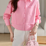 Casual Solid Color Shirt With Single Patch Pocket & Front Pleats