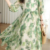 Art Flower Print Gathered Puff Dress with Lining