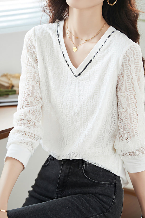 Vネックテープ装飾レース切替Tシャツ - liwisi