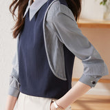 Commuter Versatile Polo Collar Stripe Long-Sleeve Fake Two-Piece Sweatshirt - liwisi