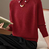 Elegant Pearl Lapel Raglan Sleeve Knit Sweater