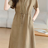 Exquisite Elegant V-Neck Drawstring Waist Short-Sleeve Dress