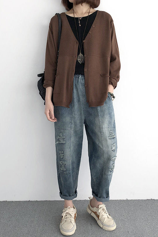 V-Neck Rib Knit Cardigan with Contrast - 5 Colors Available - liwisi