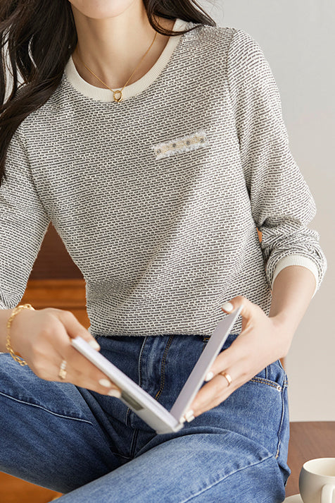 シャネル風ラウンドネックポケット装飾ニットトップス - liwisi