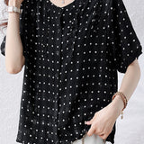 Elegant Commuter Polka Dot Crew Neck Short Sleeve Blouse