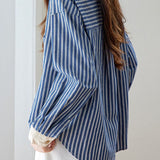 Elegant Casual Color‑Blocked Lapel Long‑Sleeve Striped Shirt