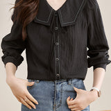 Ribbon Tie Stitch Decor Long Sleeve Blouse