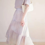 Elegant Commuter Satin Blouse & Gradient Flared Midi Skirt Two-piece Set