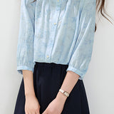 French Elegant Ruffle Collar Single-breasted Printed Mid-sleeve Blouse