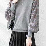 Elegant Temperament Patchwork Lace Puff Sleeve Knitted Top