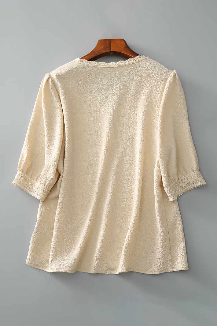 Vネックスカラップヘムリップルブラウス　2色入 - liwisi