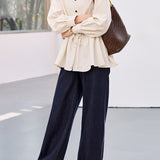 Elegant Casual Lapel Striped Waist-Cinched Long Sleeve Blouse