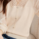Elegant Lace Spliced Long-Sleeve Slim Knit Top - liwisi