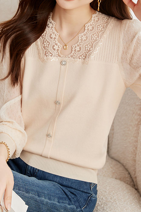 Elegant Lace Spliced Long-Sleeve Slim Knit Top - liwisi