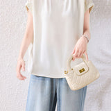 Exquisite Elegant Crew Neck Button Acetate Satin Raglan Sleeve Blouse