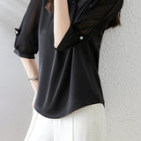 Diagonal Shirt Collar 3D Flower Pearl Decor Satin Blouse - 2 Colors Available