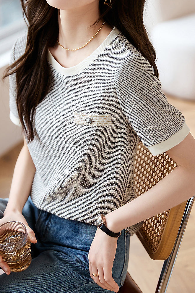 ポケット装飾ワッフル切替Tシャツ - liwisi