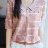 Elegant Commuter Tencel Stripe Jacquard Lapel Knit Top
