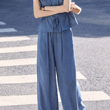Casual Lapel Tie Waist Blouse And Trousers Two-Piece Set